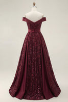 Load image into Gallery viewer, A Line Off the Shoulder Burgundy Sparkly Long Sequin Prom Dress with Cape