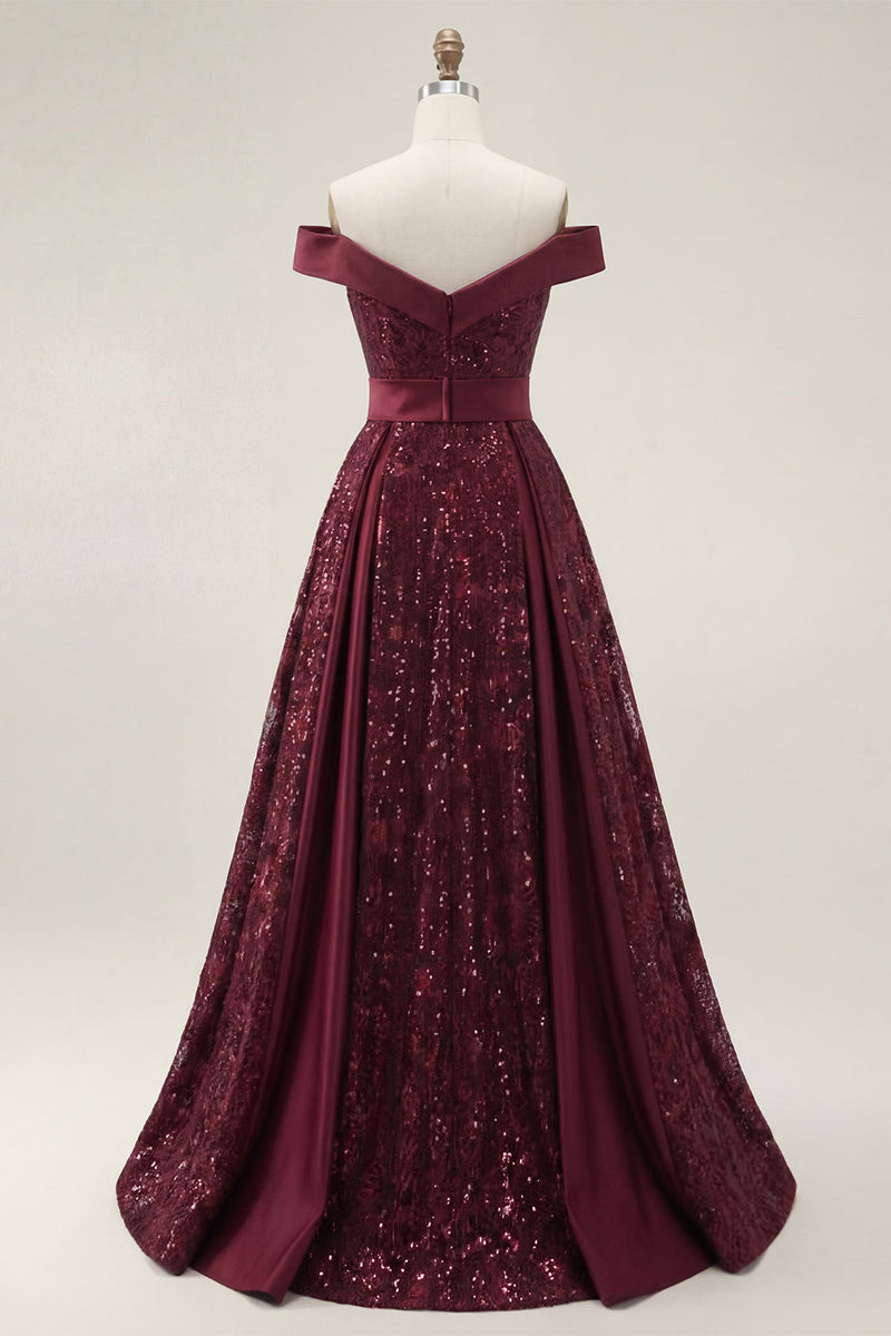 Load image into Gallery viewer, A Line Off the Shoulder Burgundy Sparkly Long Sequin Prom Dress with Cape