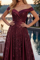 Load image into Gallery viewer, A Line Off the Shoulder Burgundy Sparkly Long Sequin Prom Dress with Cape