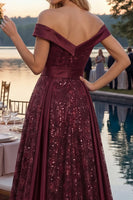 Load image into Gallery viewer, A Line Off the Shoulder Burgundy Sparkly Long Sequin Prom Dress with Cape