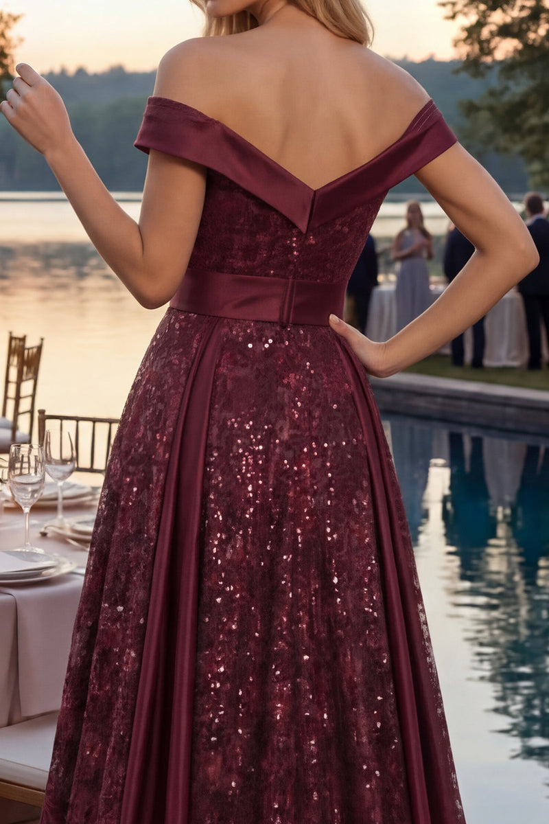 Load image into Gallery viewer, A Line Off the Shoulder Burgundy Sparkly Long Sequin Prom Dress with Cape
