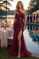 Load image into Gallery viewer, Burgundy Mermaid Sparkly One Shoulder Corset Long Sequin Prom Dress with Slit
