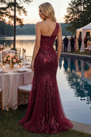 Load image into Gallery viewer, Burgundy Mermaid Sparkly One Shoulder Corset Long Sequin Prom Dress with Slit