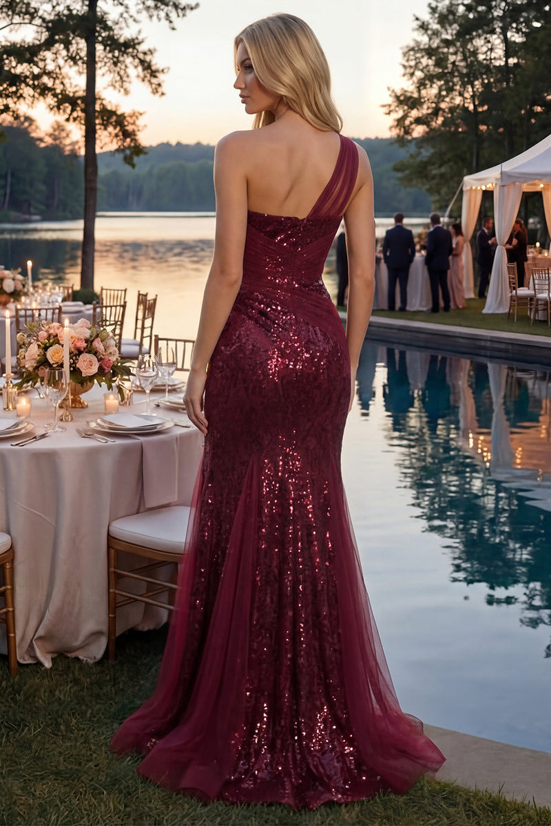 Load image into Gallery viewer, Burgundy Mermaid Sparkly One Shoulder Corset Long Sequin Prom Dress with Slit