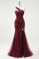 Load image into Gallery viewer, Burgundy Mermaid Sparkly One Shoulder Corset Long Sequin Prom Dress with Slit