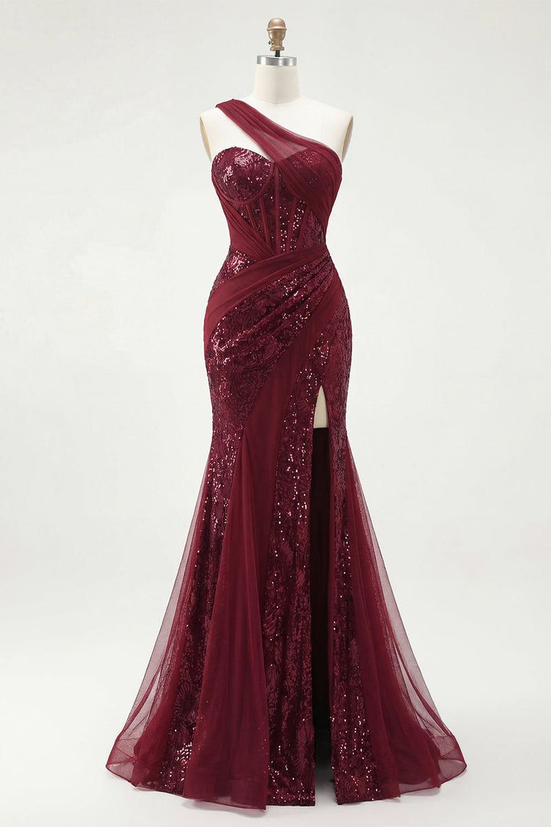 Load image into Gallery viewer, Burgundy Mermaid Sparkly One Shoulder Corset Long Sequin Prom Dress with Slit