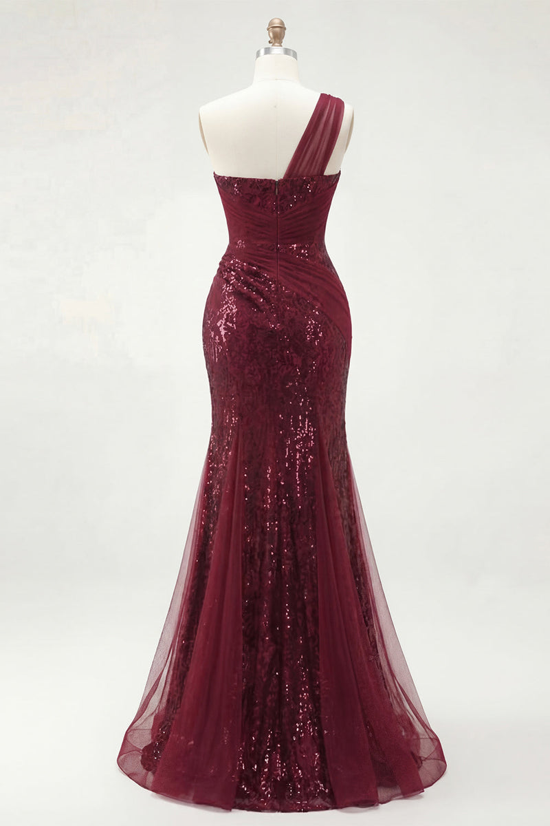 Load image into Gallery viewer, Burgundy Mermaid Sparkly One Shoulder Corset Long Sequin Prom Dress with Slit