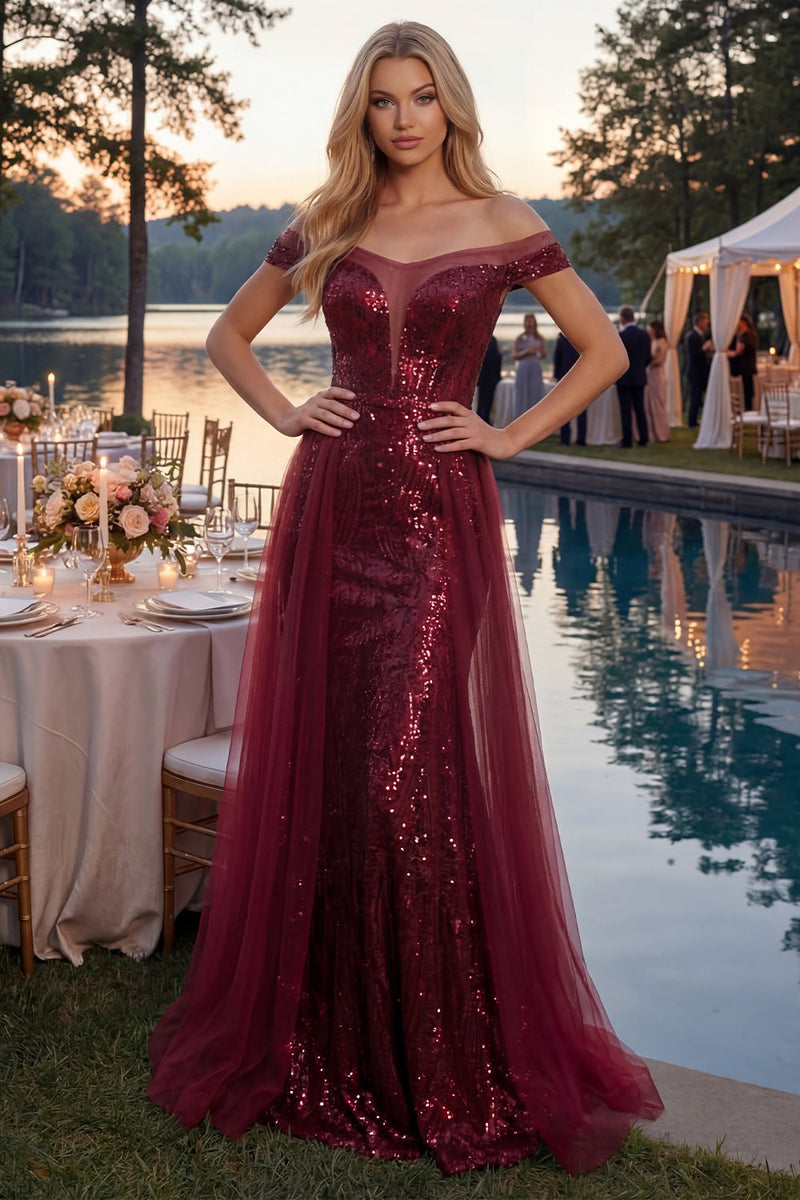 Load image into Gallery viewer, Sparkly Long Sequin Mermaid Off the Shoulder Burgundy Prom Dress with Cape