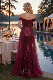 Sparkly Long Sequin Mermaid Off the Shoulder Burgundy Prom Dress with Cape
