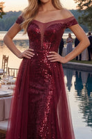 Load image into Gallery viewer, Sparkly Long Sequin Mermaid Off the Shoulder Burgundy Prom Dress with Cape