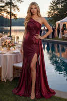 Load image into Gallery viewer, Burgundy One Shoulder Mermaid Sparkly Long Sequin Prom Dress with Side Cape