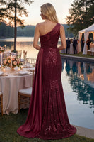 Load image into Gallery viewer, Burgundy One Shoulder Mermaid Sparkly Long Sequin Prom Dress with Side Cape