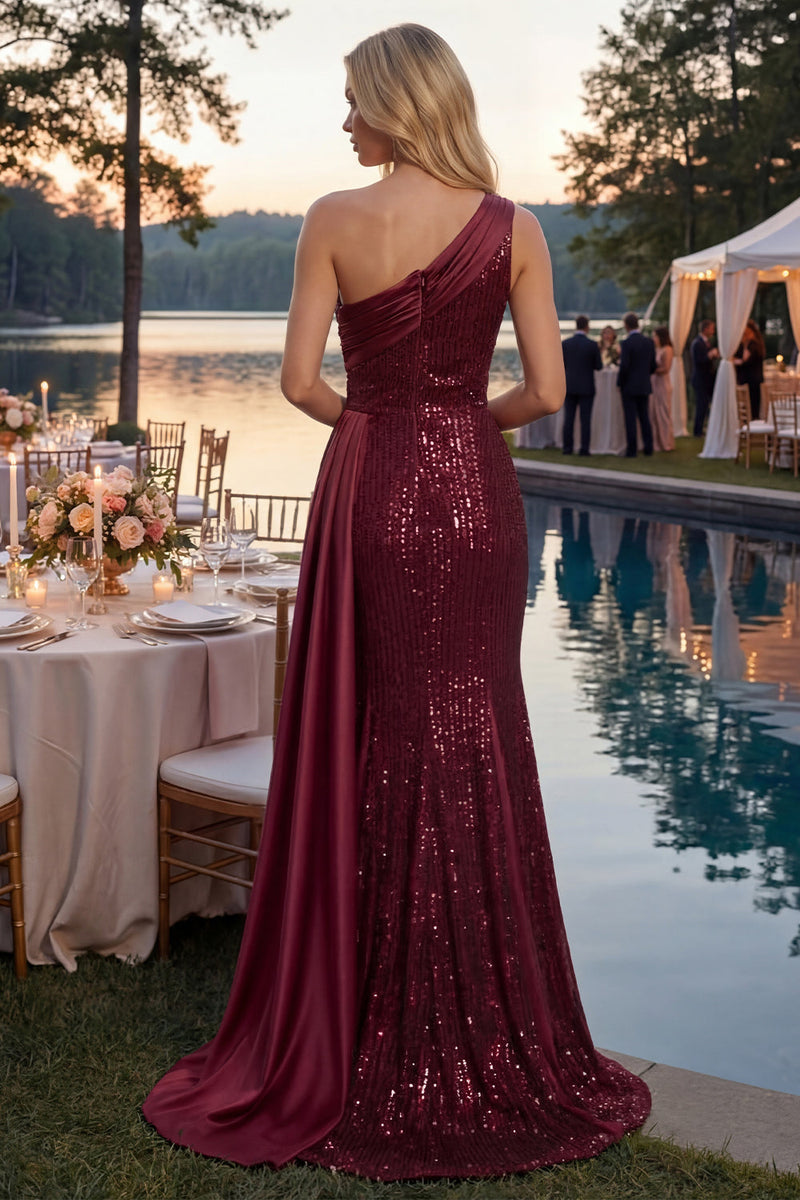 Load image into Gallery viewer, Burgundy One Shoulder Mermaid Sparkly Long Sequin Prom Dress with Side Cape
