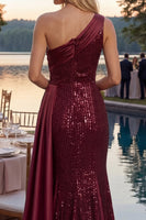 Load image into Gallery viewer, Burgundy One Shoulder Mermaid Sparkly Long Sequin Prom Dress with Side Cape