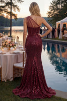 Load image into Gallery viewer, Corset Burgundy Long Sequin Mermaid Sparkly One Shoulder Prom Dress with Slit