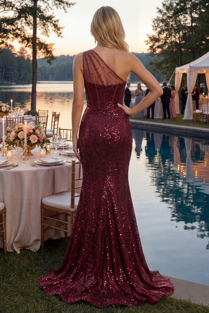 Load image into Gallery viewer, Corset Burgundy Long Sequin Mermaid Sparkly One Shoulder Prom Dress with Slit