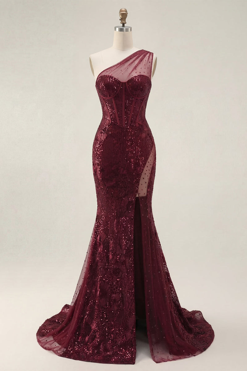 Load image into Gallery viewer, Corset Burgundy Long Sequin Mermaid Sparkly One Shoulder Prom Dress with Slit