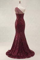 Load image into Gallery viewer, Corset Burgundy Long Sequin Mermaid Sparkly One Shoulder Prom Dress with Slit