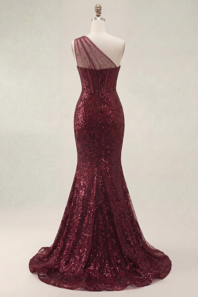 Load image into Gallery viewer, Corset Burgundy Long Sequin Mermaid Sparkly One Shoulder Prom Dress with Slit