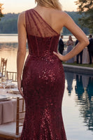 Load image into Gallery viewer, Corset Burgundy Long Sequin Mermaid Sparkly One Shoulder Prom Dress with Slit