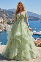 Load image into Gallery viewer, 3/4 Sleeves Green Long Corset Floral A Line Prom Dress with Ruffles