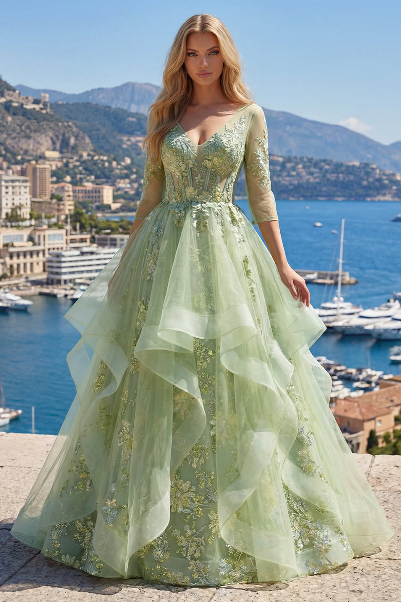 Load image into Gallery viewer, 3/4 Sleeves Green Long Corset Floral A Line Prom Dress with Ruffles