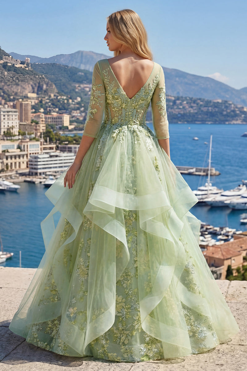 Load image into Gallery viewer, 3/4 Sleeves Green Long Corset Floral A Line Prom Dress with Ruffles