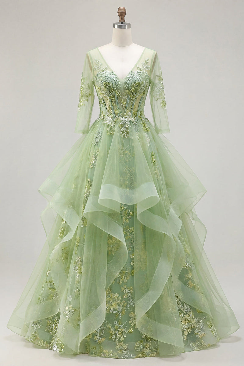 Load image into Gallery viewer, 3/4 Sleeves Green Long Corset Floral A Line Prom Dress with Ruffles