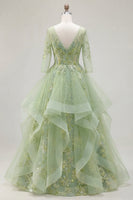 Load image into Gallery viewer, 3/4 Sleeves Green Long Corset Floral A Line Prom Dress with Ruffles