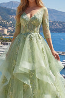 Load image into Gallery viewer, 3/4 Sleeves Green Long Corset Floral A Line Prom Dress with Ruffles