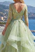 Load image into Gallery viewer, 3/4 Sleeves Green Long Corset Floral A Line Prom Dress with Ruffles