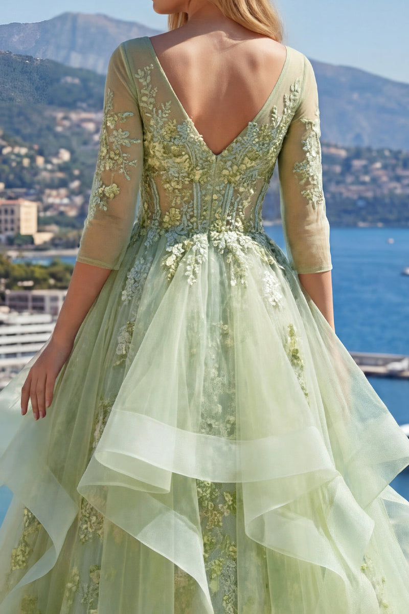 Load image into Gallery viewer, 3/4 Sleeves Green Long Corset Floral A Line Prom Dress with Ruffles