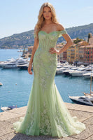 Load image into Gallery viewer, Off the Shoulder Green Floral Long Corset Mermaid Open Back Prom Dress