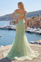 Load image into Gallery viewer, Off the Shoulder Green Floral Long Corset Mermaid Open Back Prom Dress