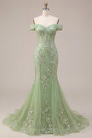 Load image into Gallery viewer, Off the Shoulder Green Floral Long Corset Mermaid Open Back Prom Dress