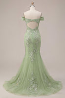 Load image into Gallery viewer, Off the Shoulder Green Floral Long Corset Mermaid Open Back Prom Dress
