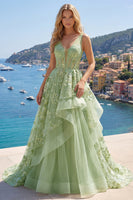 Load image into Gallery viewer, V-Neck Green Long Floral Corset A Line Prom Dress with Ruffles