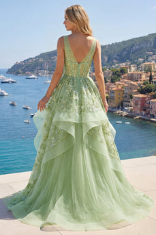 V-Neck Green Long Floral Corset A Line Prom Dress with Ruffles