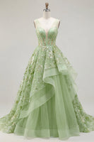 Load image into Gallery viewer, V-Neck Green Long Floral Corset A Line Prom Dress with Ruffles