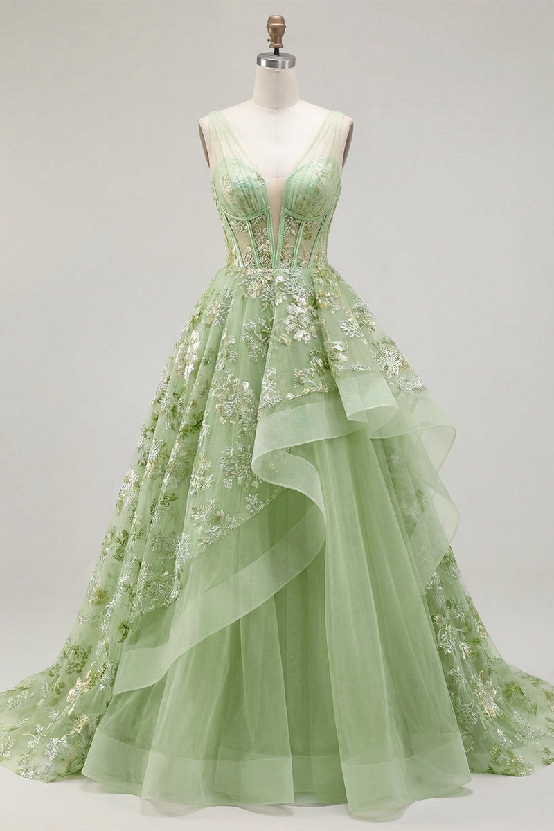 Load image into Gallery viewer, V-Neck Green Long Floral Corset A Line Prom Dress with Ruffles