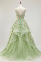 Load image into Gallery viewer, V-Neck Green Long Floral Corset A Line Prom Dress with Ruffles