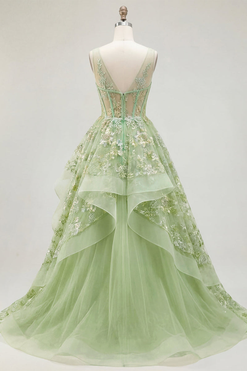 Load image into Gallery viewer, V-Neck Green Long Floral Corset A Line Prom Dress with Ruffles