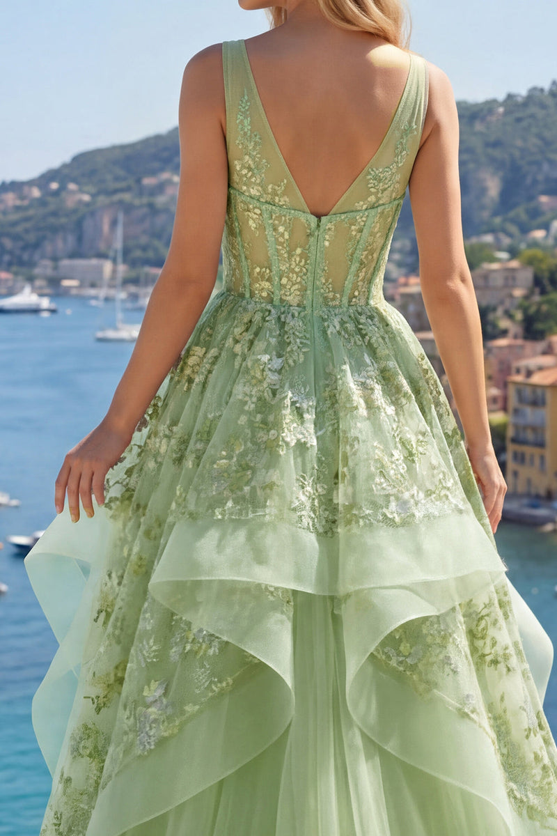 Load image into Gallery viewer, V-Neck Green Long Floral Corset A Line Prom Dress with Ruffles