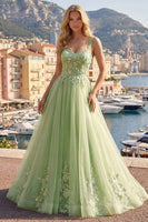Load image into Gallery viewer, Floral Thick Straps Green Long A Line Prom Dress