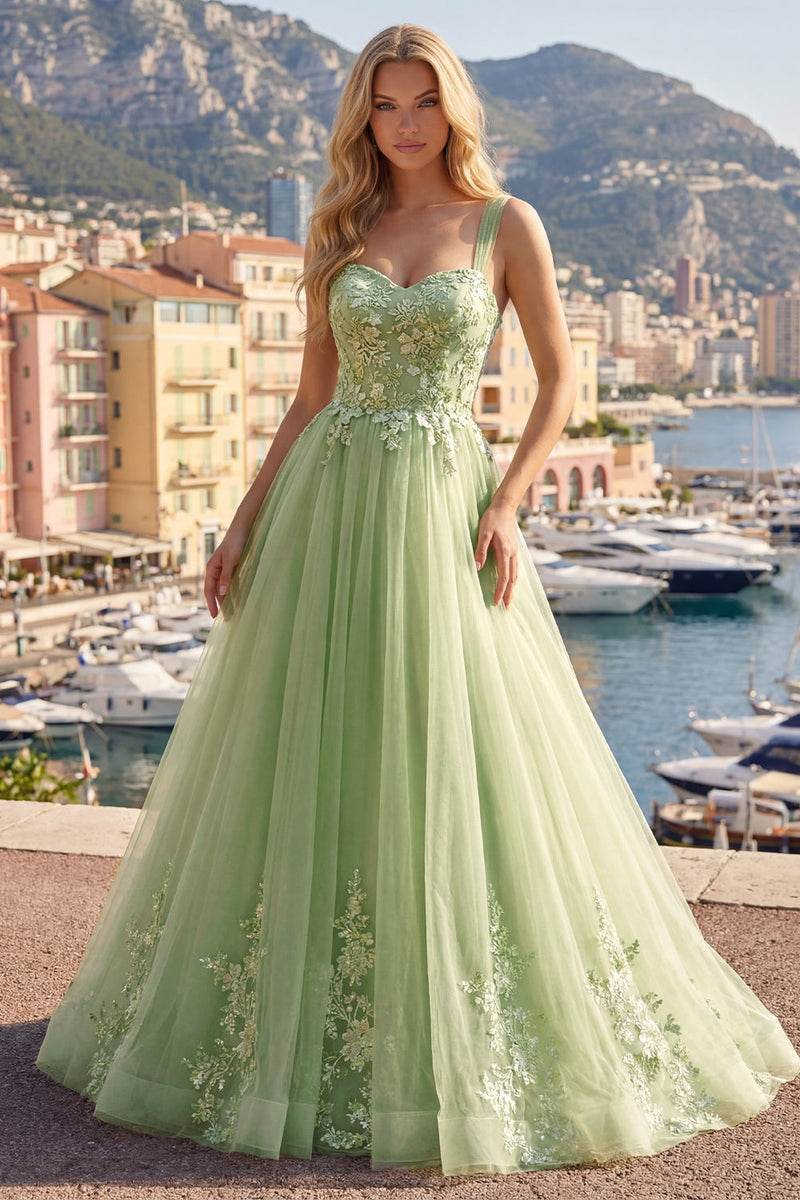 Load image into Gallery viewer, Floral Thick Straps Green Long A Line Prom Dress