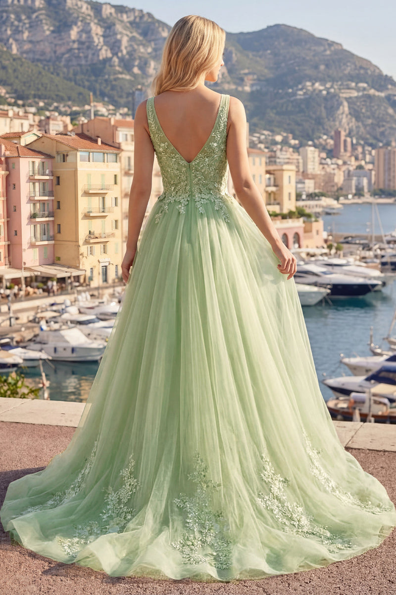 Load image into Gallery viewer, Floral Thick Straps Green Long A Line Prom Dress