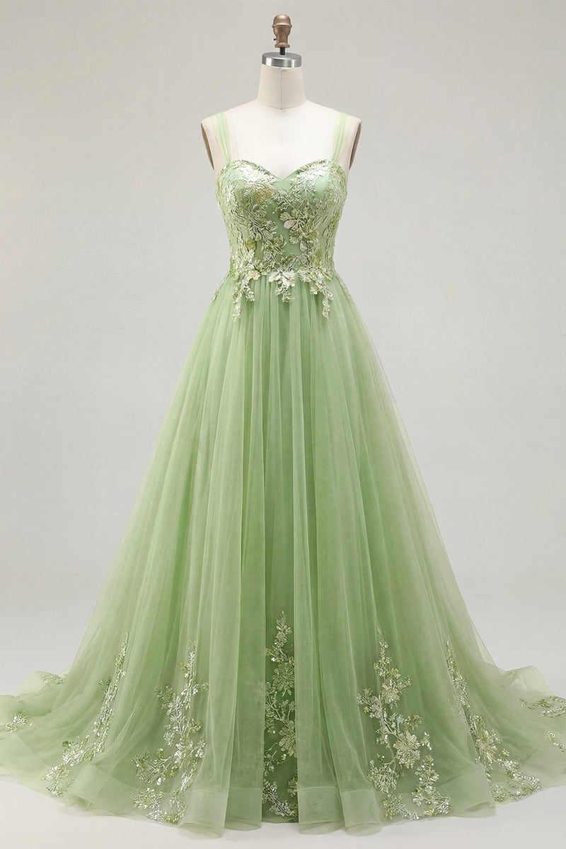 Load image into Gallery viewer, Floral Thick Straps Green Long A Line Prom Dress