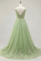 Load image into Gallery viewer, Floral Thick Straps Green Long A Line Prom Dress