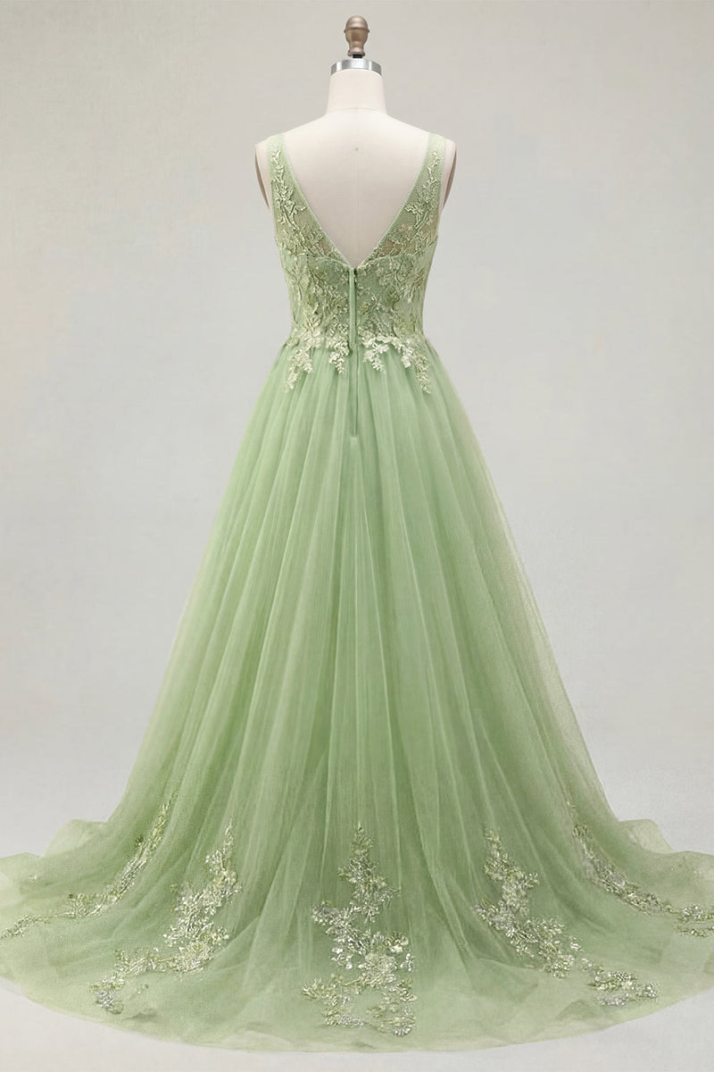 Load image into Gallery viewer, Floral Thick Straps Green Long A Line Prom Dress