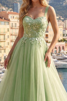 Load image into Gallery viewer, Floral Thick Straps Green Long A Line Prom Dress